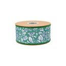 2 1/2" Wired Dupioni Ribbon | White Floral on Green w/ Green Backing | 10 Yard Roll