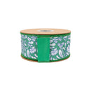 2 1/2" Wired Dupioni Ribbon | White Floral on Green w/ Green Backing | 10 Yard Roll