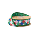 1 1/2" Wired Dupioni Ribbon | Colorful Lattice Plaid on White w/ Green Backing | 10 Yard Roll