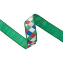 1 1/2" Wired Dupioni Ribbon | Colorful Lattice Plaid on White w/ Green Backing | 10 Yard Roll