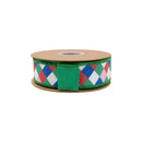 1 1/2" Wired Dupioni Ribbon | Colorful Lattice Plaid on White w/ Green Backing | 10 Yard Roll