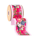 4" Wired Dupioni Ribbon | Cottage Floral on Hot Pink w/ Pink Check Backing | 10 Yard Roll