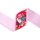4" Wired Dupioni Ribbon | Cottage Floral on Hot Pink w/ Pink Check Backing | 10 Yard Roll