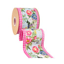 4" Wired Dupioni Ribbon | Cottage Floral on Sage w/ Hot Pink Check Backing | 10 Yard Roll