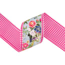 4" Wired Dupioni Ribbon | Cottage Floral on Sage w/ Hot Pink Check Backing | 10 Yard Roll