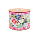 4" Wired Dupioni Ribbon | Cottage Floral on Sage w/ Hot Pink Check Backing | 10 Yard Roll