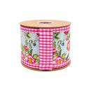4" Wired Dupioni Ribbon | Cottage Floral on Sage w/ Hot Pink Check Backing | 10 Yard Roll