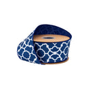 2 1/2" Wired Dupioni Ribbon | White Floral Trellis on Navy Blue w/ Navy Blue Backing | 10 Yard Roll