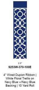 4" Wired Dupioni Ribbon | White Floral Trellis on Navy Blue w/ Navy Blue Backing | 10 Yard Roll