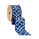 2 1/2" Wired Dupioni Ribbon | White Floral Trellis on Navy Blue w/ Navy Blue Backing | 10 Yard Roll