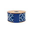 2 1/2" Wired Dupioni Ribbon | White Floral Trellis on Navy Blue w/ Navy Blue Backing | 10 Yard Roll