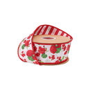 2 1/2" Wired Dupioni Ribbon | Mixed Geranium on White w/ Red/White Stripe Backing | 10 Yard Roll