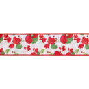 2 1/2" Wired Dupioni Ribbon | Mixed Geranium on White w/ Red/White Stripe Backing | 10 Yard Roll