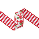2 1/2" Wired Dupioni Ribbon | Mixed Geranium on White w/ Red/White Stripe Backing | 10 Yard Roll