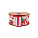 2 1/2" Wired Dupioni Ribbon | Mixed Geranium on White w/ Red/White Stripe Backing | 10 Yard Roll