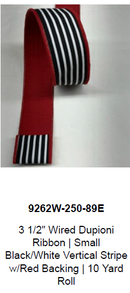 3 1/2" Wired Dupioni Ribbon | Small Black/White Vertical Stripe w/ Red Backing | 10 Yard Roll