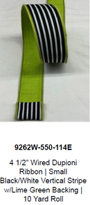 4 1/2" Wired Dupioni Ribbon | Small Black/White Vertical Stripe w/ Lime Green Backing | 10 Yard Roll