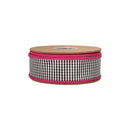1 1/2" Wired Taffeta Ribbon | Black/White Mini Check w/ Hot Pinking Backing | 10 Yard Roll