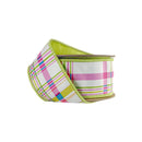 2 1/2 Wired Dupioni Ribbon | Pink/Green Horizontal Stripe on White w/ Green Backing | 10 Yard Roll