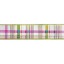 2 1/2 Wired Dupioni Ribbon | Pink/Green Horizontal Stripe on White w/ Green Backing | 10 Yard Roll