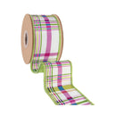 2 1/2 Wired Dupioni Ribbon | Pink/Green Horizontal Stripe on White w/ Green Backing | 10 Yard Roll
