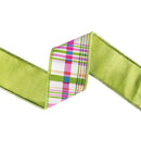 2 1/2 Wired Dupioni Ribbon | Pink/Green Horizontal Stripe on White w/ Green Backing | 10 Yard Roll
