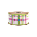 2 1/2 Wired Dupioni Ribbon | Pink/Green Horizontal Stripe on White w/ Green Backing | 10 Yard Roll