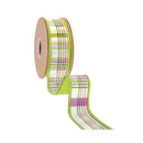 1 1/2" Wired Dupioni Ribbon | Pink/Green Plaid on White w/ Green Backing | 10 Yard Roll
