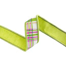 1 1/2" Wired Dupioni Ribbon | Pink/Green Plaid on White w/ Green Backing | 10 Yard Roll