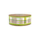 1 1/2" Wired Dupioni Ribbon | Pink/Green Plaid on White w/ Green Backing | 10 Yard Roll