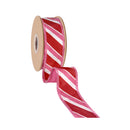1 1/2 Wired Dupioni Ribbon | Pink/Red/White Bias Stripe w/ Red Backing | 10 Yard Roll