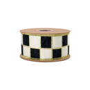 2" Wired Dupioni Ribbon | Black/White Checks w/ Gold Outlines w/ Gold Metallic Backing | 10 Yard Roll