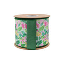 4" Wired Dupioni Ribbon | Tropical Foiliage and Pagodas w/Green Backing | 10 Yard Roll