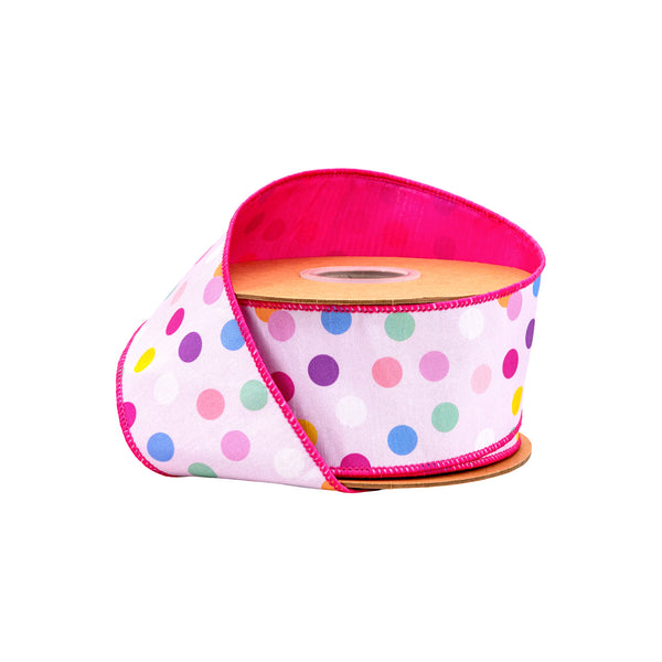 2 1/2" Wired Dupioni Ribbon | Scattered Dots w/ Pink Backing | 10 Yard Roll
