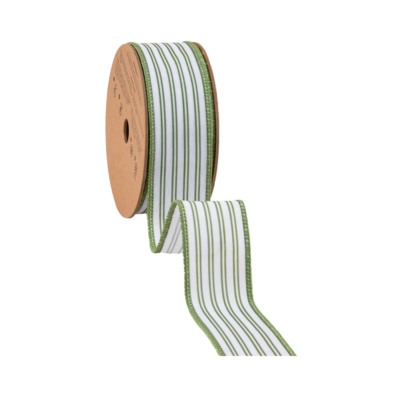 1 1/2" Wired Ribbon | Green Ticking Stripe | 10 Yard Roll