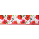 4" Wired Dupioni Ribbon | Poppies on White w/ Red Backing | 10 Yard Roll