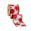 4" Wired Dupioni Ribbon | Poppies on White w/ Red Backing | 10 Yard Roll