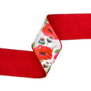 4" Wired Dupioni Ribbon | Poppies on White w/ Red Backing | 10 Yard Roll