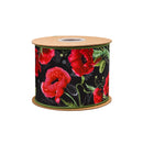 4" Wired Dupioni Ribbon | Poppies on Black w/ Green Backing | 10 Yard Roll