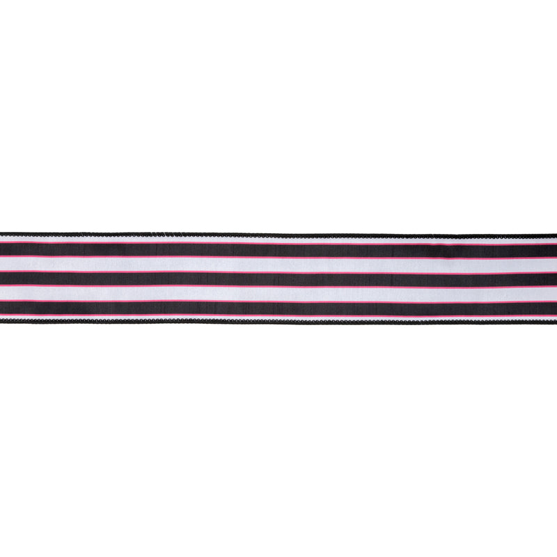 2 1/2" Wired Dupioni Ribbon | Pink/White/Black Stripe w/ Black Backing | 10 Yard Roll