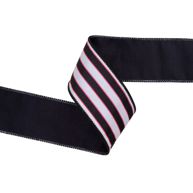 2 1/2" Wired Dupioni Ribbon | Pink/White/Black Stripe w/ Black Backing | 10 Yard Roll