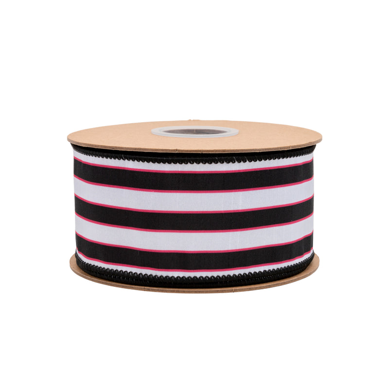 2 1/2" Wired Dupioni Ribbon | Pink/White/Black Stripe w/ Black Backing | 10 Yard Roll