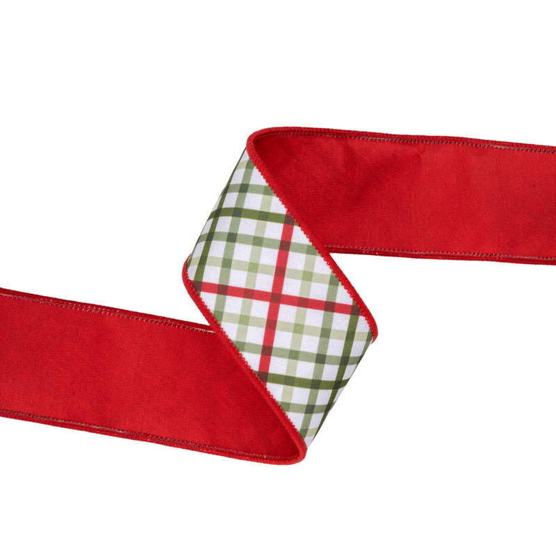 2 1/2" Wired Dupioni Ribbon | Bias Cut Garden Plaid w/ Orange Backing | 10 Yard Roll