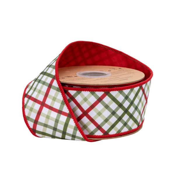 2 1/2" Wired Dupioni Ribbon | Bias Cut Garden Plaid w/ Orange Backing | 10 Yard Roll