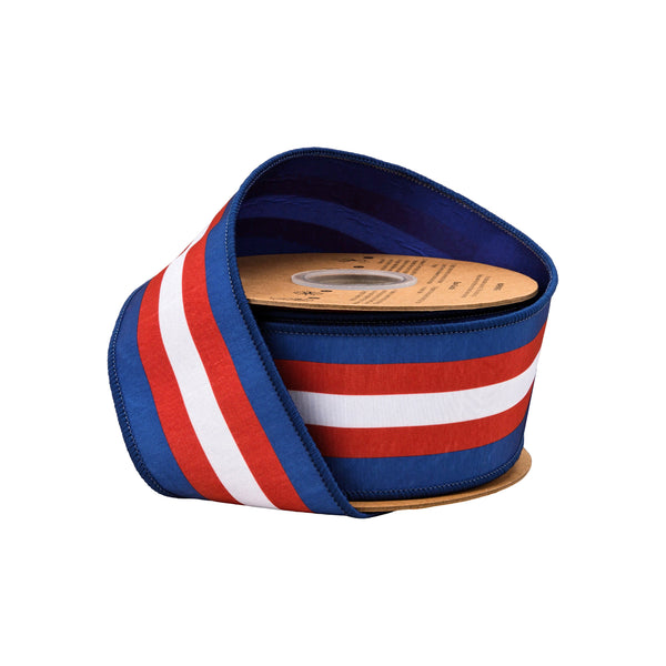 2 1/2" Wired Dupioni Ribbon | Red/White/Blue Center Stripe w/ Blue Backing | 10 Yard Roll