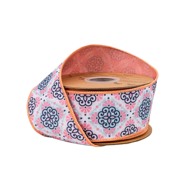 2 1/2" Wired Dupioni Ribbon | Black Medallion on Pink w/ Pink Backing | 10 Yard Roll