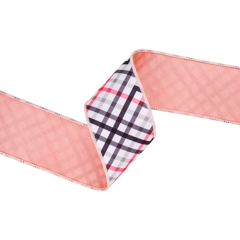 2 1/2" Wired Dupioni Ribbon | Bias Cut Pink and Black Plaid w/ Pink Backing | 10 Yard Roll