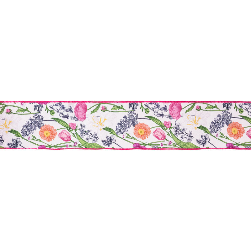 4" Wired Dupioni Ribbon | Floral Stems w/ Pink Backing | 10 Yard Roll