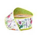 2 1/2" Wired Dupioni Ribbon | Horizontal Floral Stems w/ Green Backing | 10 Yard Roll