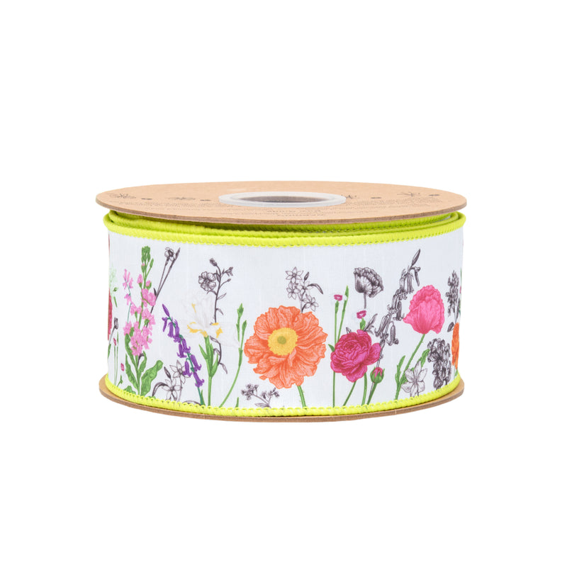 2 1/2" Wired Dupioni Ribbon | Horizontal Floral Stems w/ Green Backing | 10 Yard Roll